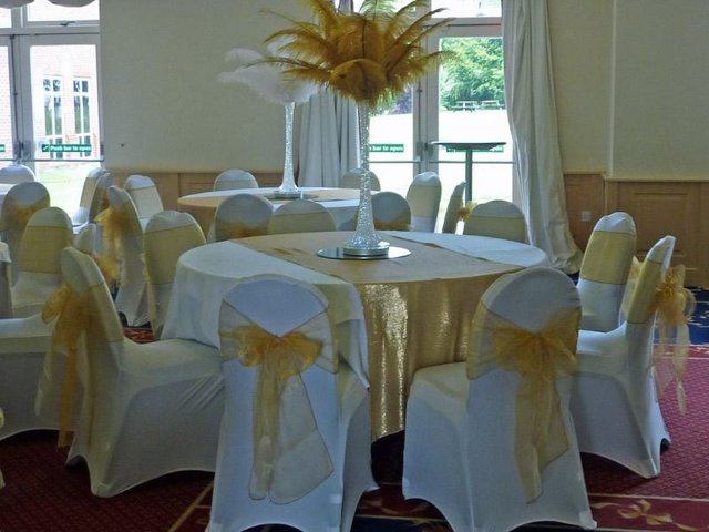 Preview of the first image of Gold sequin wide table runners covers wedding party.