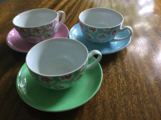 Preview of the first image of Cath Kidson “Provence Rose” cups and saucers.