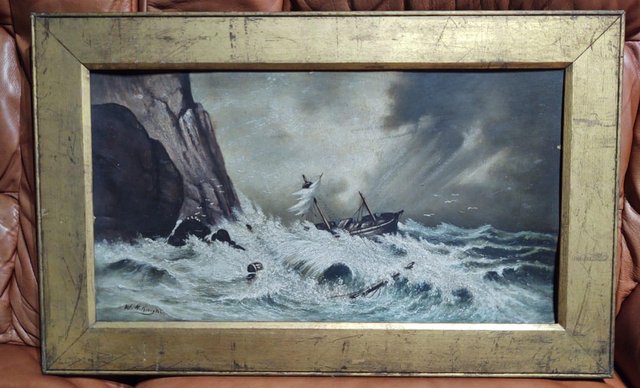 Image 3 of Antique Seascape Oil Painting On A Board