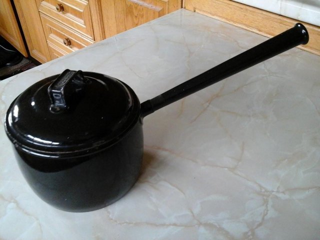 Preview of the first image of Vintage Enamel Long-Handled Pan.