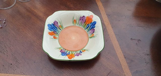 Preview of the first image of Clarice Cliff Autumn Crocus Leda Shaped Bowl / Plate.