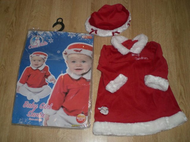 Preview of the first image of Brand New Baby Girl Santa Outfit (Dress & Hat), 6-12 Months.