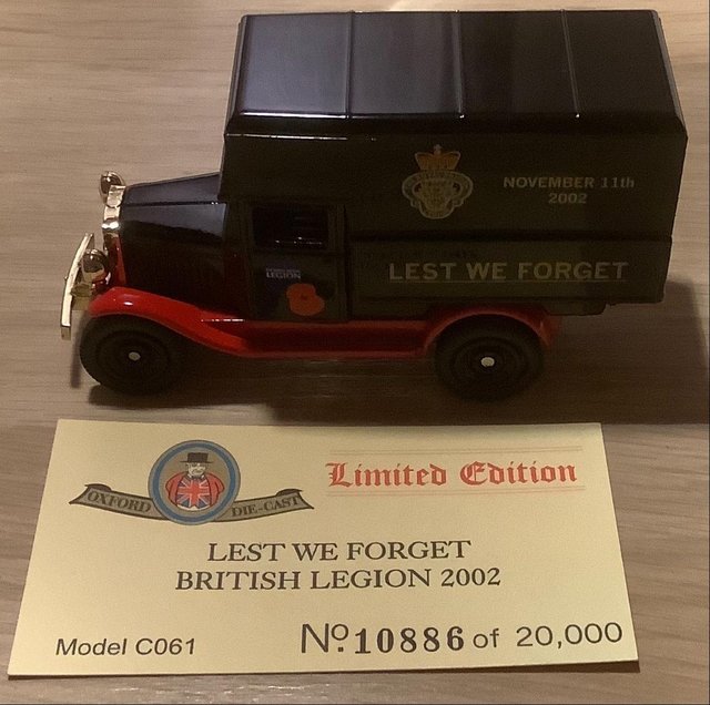 Preview of the first image of Oxford Diecast BOXED Lest We Forget British Legion C061 Chev.