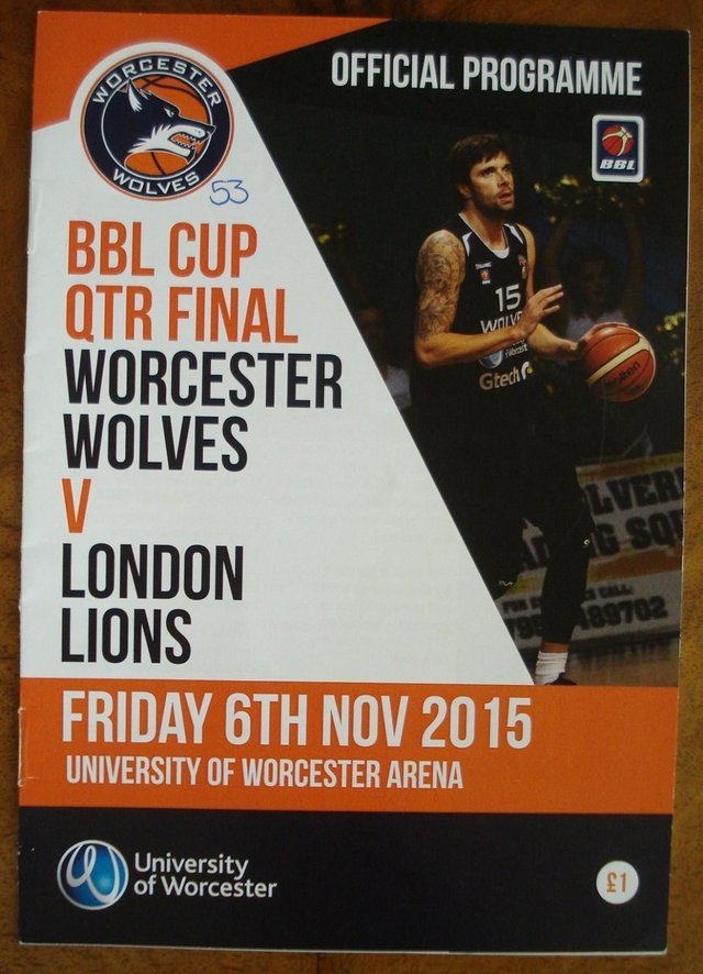 Preview of the first image of OFFICIAL PROGRAMME WORCESTER WOLVES BASKETBALL MATCH 6/11/15.