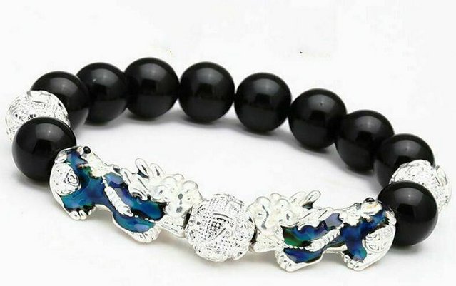 Preview of the first image of Brand New Unisex Black Obsidian Beads Silver Bracelet.