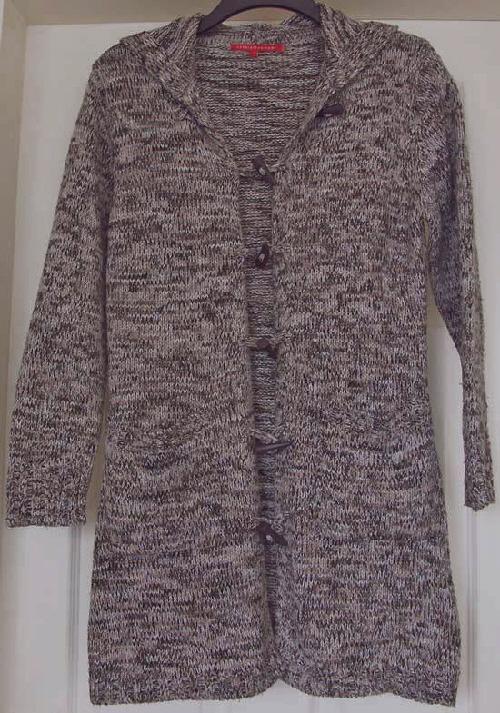 Preview of the first image of Ladies Long Hooded Cardigan By Debbie Morgan - Size S   B13.