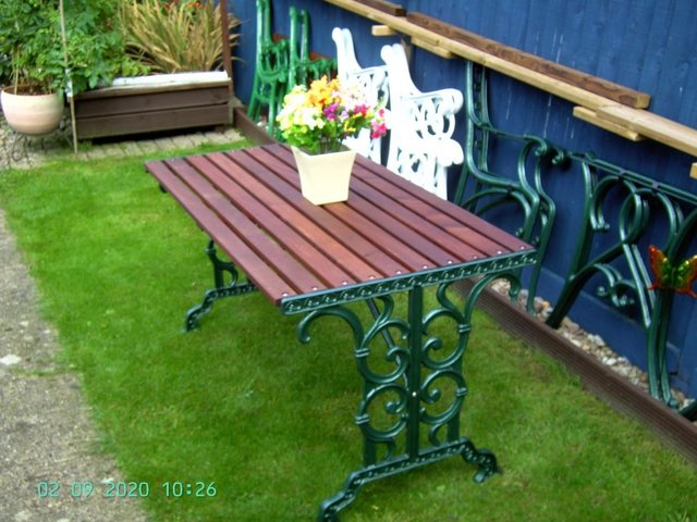Image 2 of (63) Cast Iron & Sapele Hardwood Garden Table