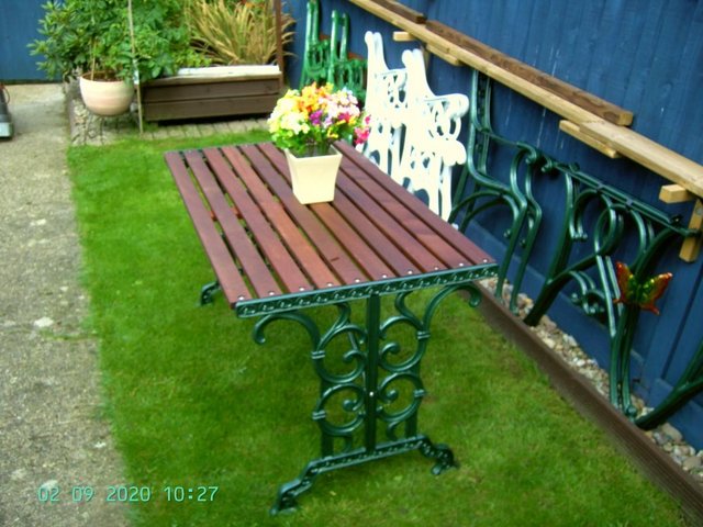 Image 3 of (63) Cast Iron & Sapele Hardwood Garden Table