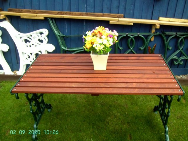 Image 4 of (63) Cast Iron & Sapele Hardwood Garden Table
