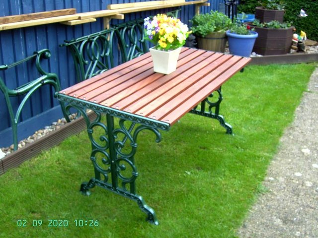 Image 6 of (63) Cast Iron & Sapele Hardwood Garden Table