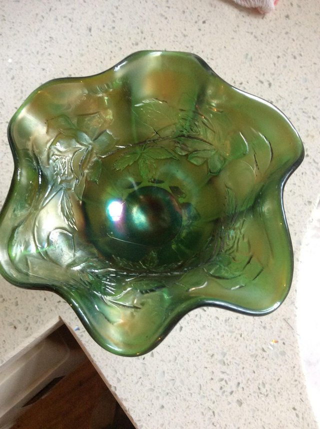 Image 2 of Striking green Carnival glass dish