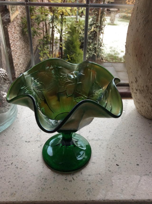 Preview of the first image of Striking green Carnival glass dish.
