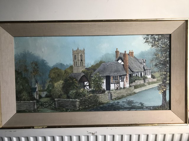 Preview of the first image of EARLY OIL ON CANVAS - NIGEL HALLARD - WELFORD-ON-AVON 1970.