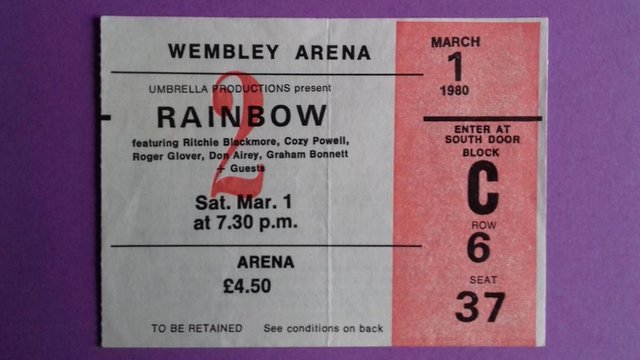 Preview of the first image of 1980 Richie Blackmore's Rainbow ‘Down To Earth’ ticket stub..