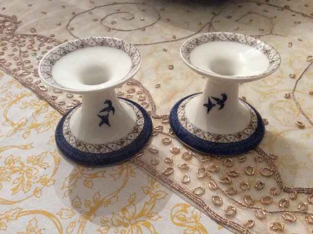 Preview of the first image of Royal Doulton blue & white porcelain candle holders.
