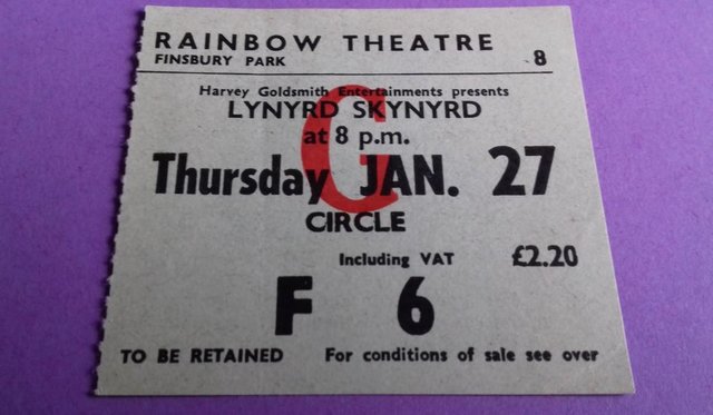 Preview of the first image of 1977 Lynyrd Skynyrd ‘On The British Road’ UK ticket stub..