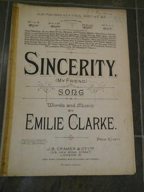 Preview of the first image of Vintage Sheet Music Sincerity Words and Music by Emilie Clar.