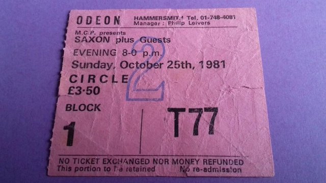 Preview of the first image of 1981 Saxon concert ticket stub..