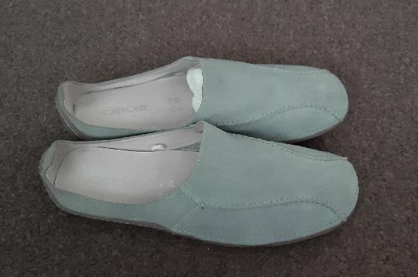 Preview of the first image of GORGEOUS LADIES PALE BLUE SUEDE FLAT SHOES.