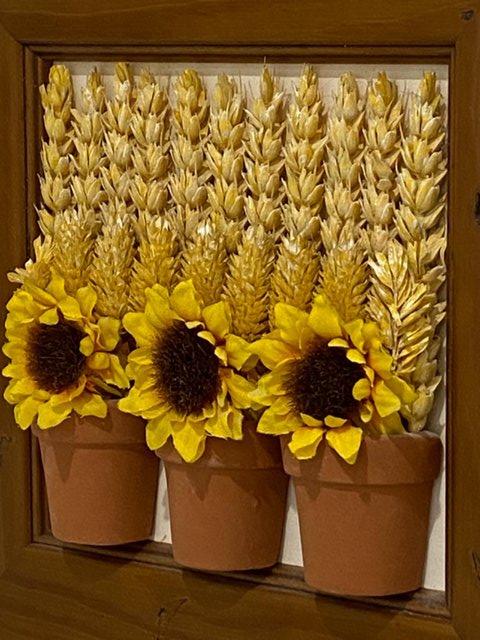 Image 6 of PICTURE 3D WOOD. FAUX SUNFLOWERS / DRIED WHEAT/CLAY POT 8.5”