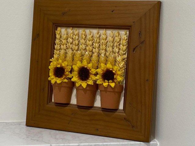 Image 8 of PICTURE 3D WOOD. FAUX SUNFLOWERS / DRIED WHEAT/CLAY POT 8.5”