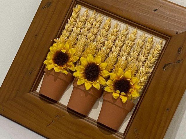 Image 12 of PICTURE 3D WOOD. FAUX SUNFLOWERS / DRIED WHEAT/CLAY POT 8.5”