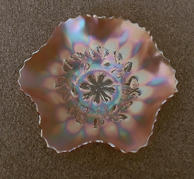 Preview of the first image of Vintage Dugan Cosmos Variant Carnival Glass Bowl.