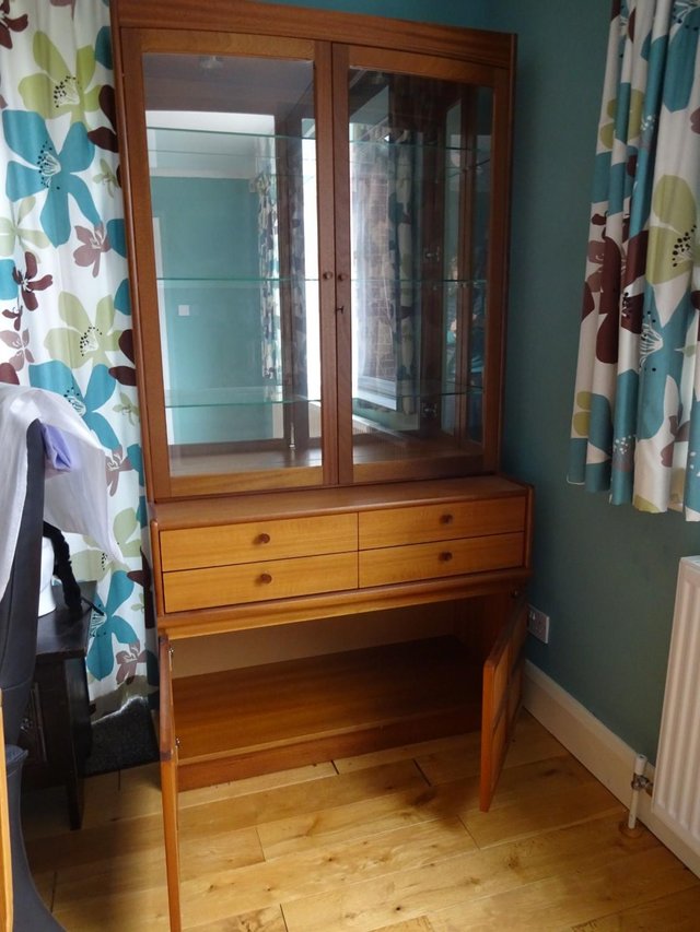 Image 2 of Tall Wooden Glass Cabinet with glass shelves