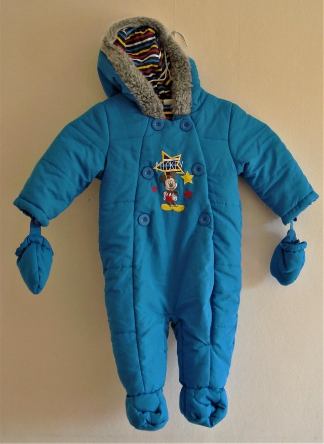 Preview of the first image of Unused Disney Mickey Mouse Snowsuit with Mittens 6-9 months.