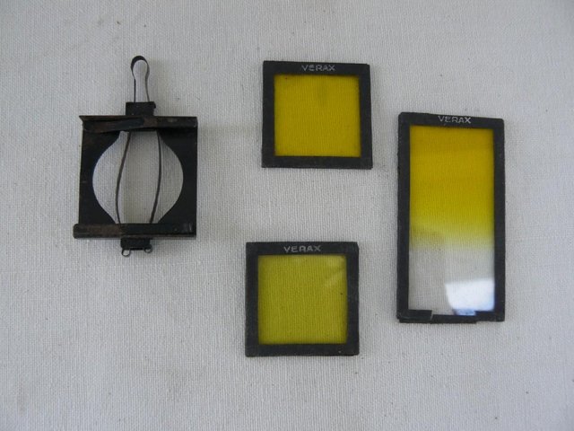 Preview of the first image of 3 antique VERAX glass lens filters: 2 yellow & 1 graduated.