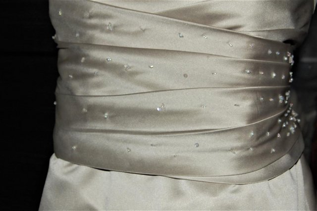 Image 2 of Bridesmaid Dress. Pale sage satin. Boned bodice. Lace up