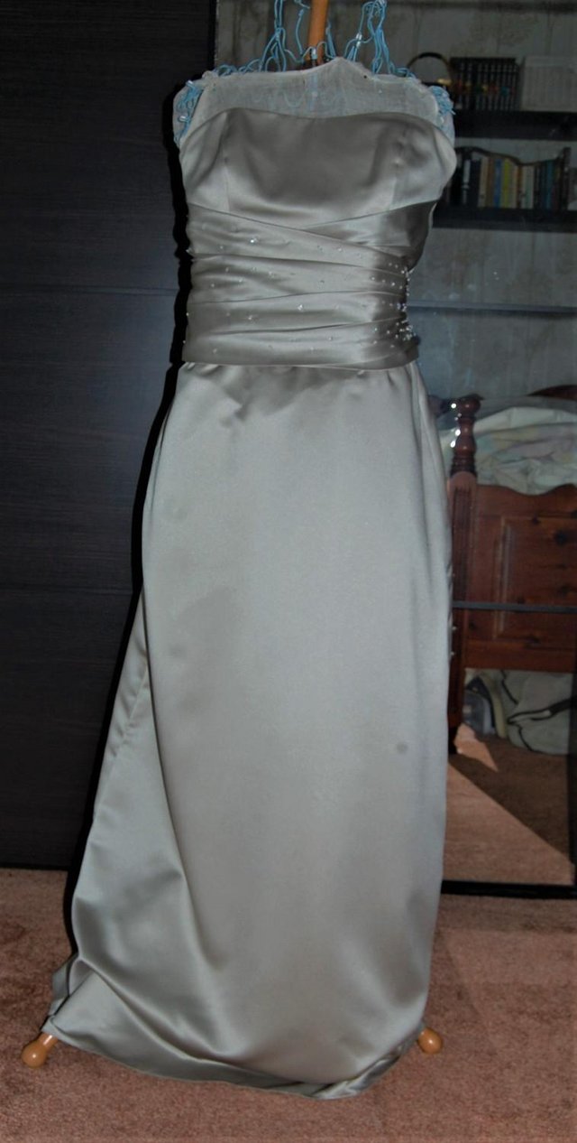 Preview of the first image of Bridesmaid Dress. Pale sage satin. Boned bodice. Lace up.