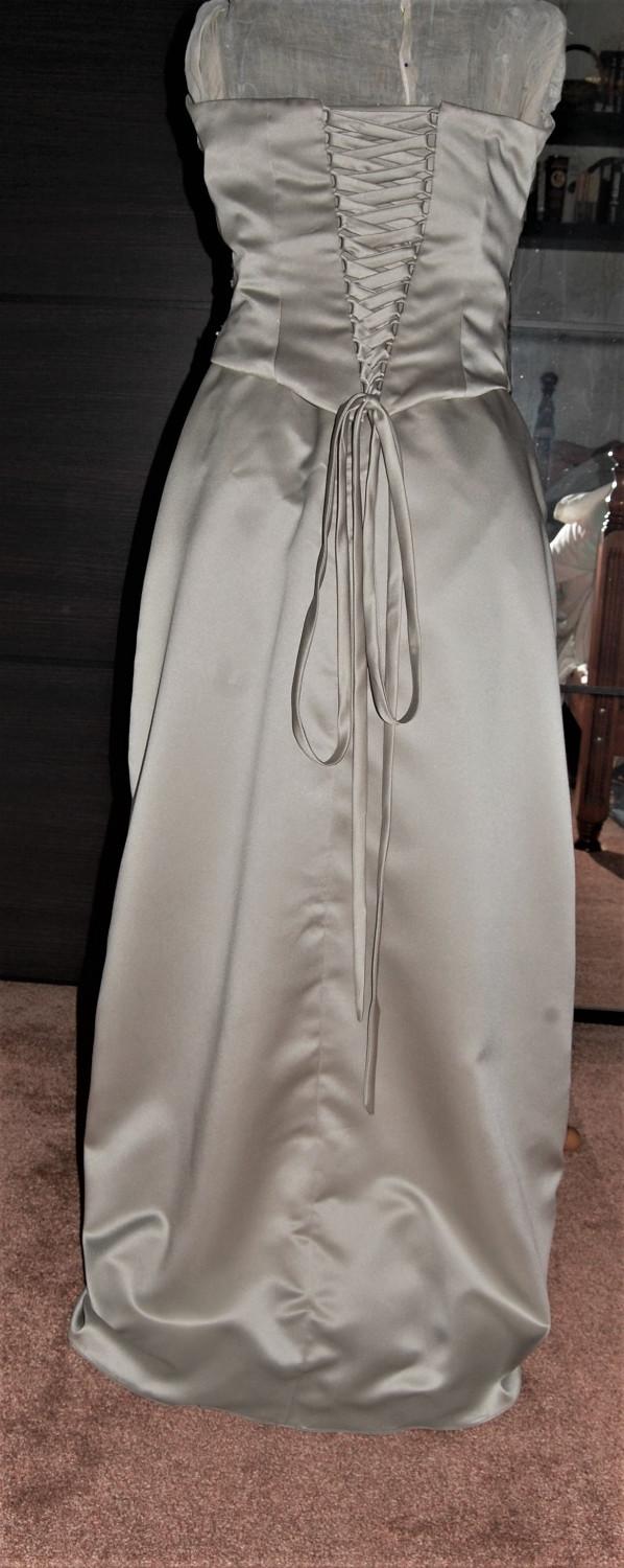 Image 3 of Bridesmaid Dress. Pale sage satin. Boned bodice. Lace up
