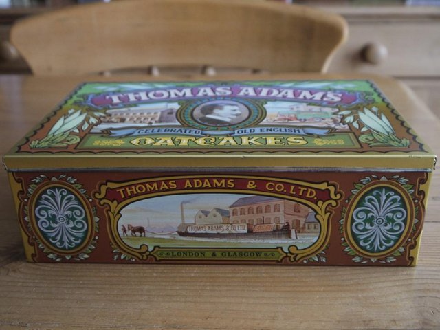 Preview of the first image of Vintage Thomas Adams Old English Oatcakes Tin.