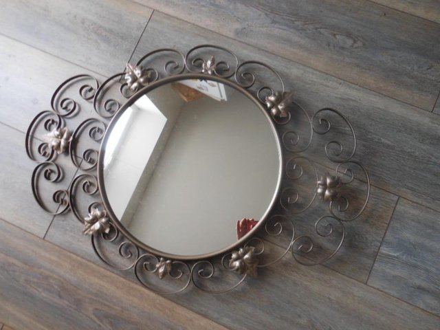 Preview of the first image of Mirror Round Wrought Iron Frame Scrolls 1960's.
