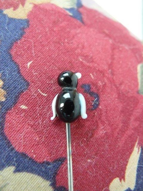 Image 3 of Antique metal hatpin with small black & white glass penguin