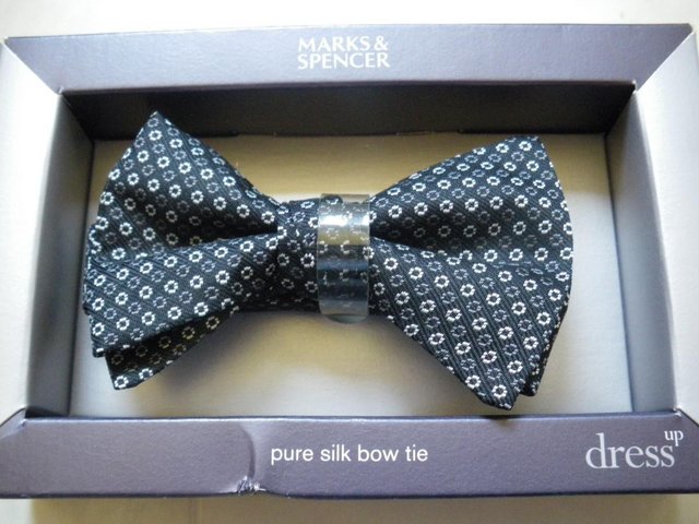 Preview of the first image of Marks & Spencer Dress Up Pure Silk Bow Tie Black Adjustable.