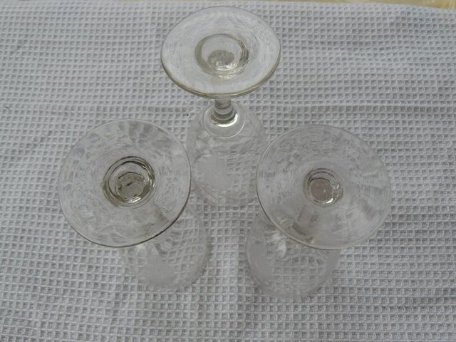 Image 4 of 3 antique etched grape design sherry/liqueur glasses c1900s
