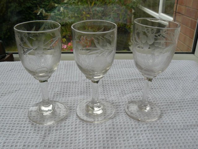 Image 5 of 3 antique etched grape design sherry/liqueur glasses c1900s