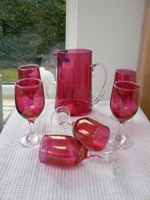 Image 2 of Victorian 6 ruby iridescent glasses & 1 ruby glass jug