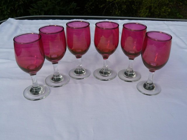 Image 3 of Victorian 6 ruby iridescent glasses & 1 ruby glass jug
