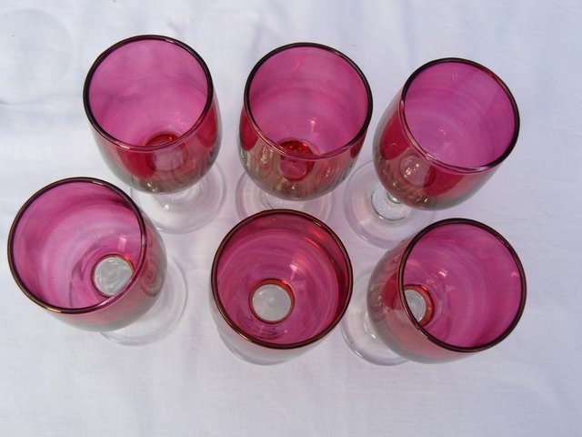 Image 4 of Victorian 6 ruby iridescent glasses & 1 ruby glass jug