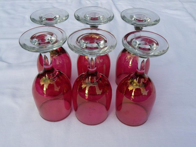 Image 6 of Victorian 6 ruby iridescent glasses & 1 ruby glass jug