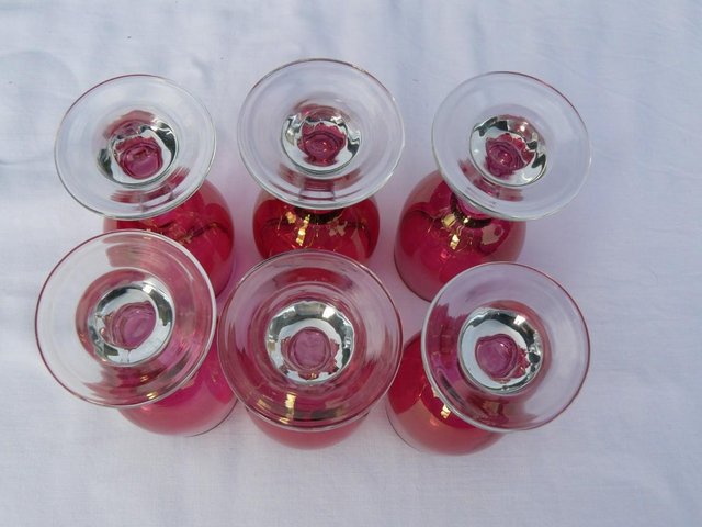 Image 7 of Victorian 6 ruby iridescent glasses & 1 ruby glass jug