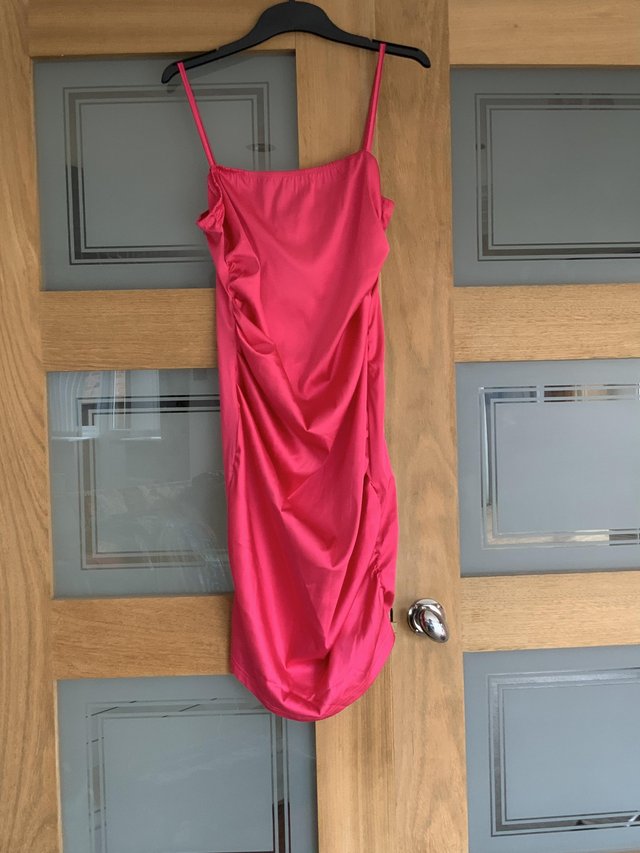 Image 3 of Fuschia Ruched Satin Bodycon Dress by Naa Naa.