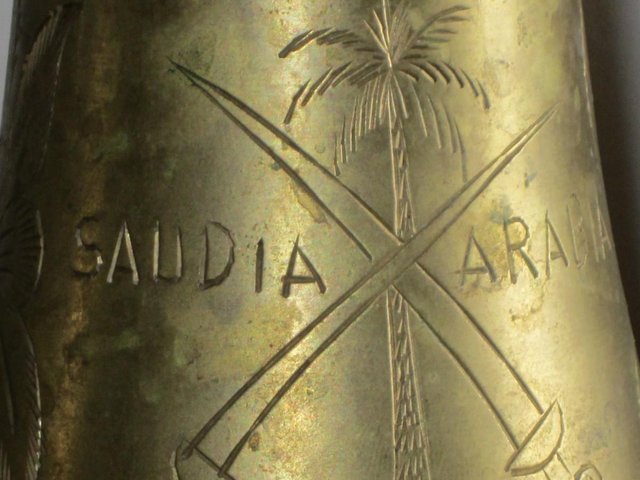 Preview of the first image of SAUDI ARABIA HAND ENGRAVED BRASS SOUVENIR VASE.