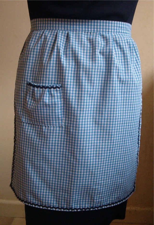 Image 2 of BLUE GINGHAM PINNY- POCKET - WITH NAVY RIC RAC / MADE UK