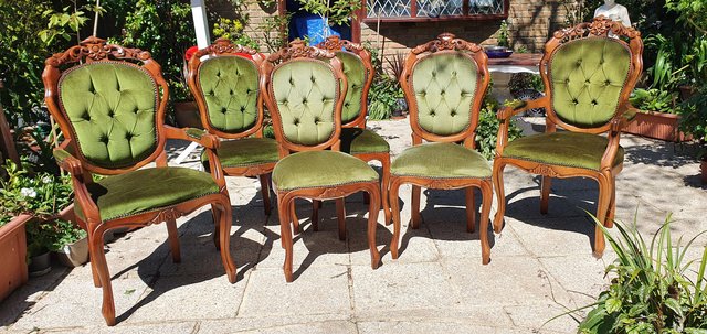 Preview of the first image of 6 Vintage Italian Carved & Green Velvet Dining Chairs.