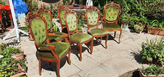 Image 2 of 6 Vintage Italian Carved & Green Velvet Dining Chairs