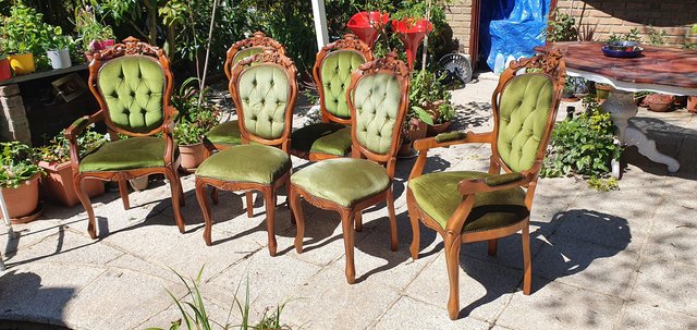 Image 3 of 6 Vintage Italian Carved & Green Velvet Dining Chairs